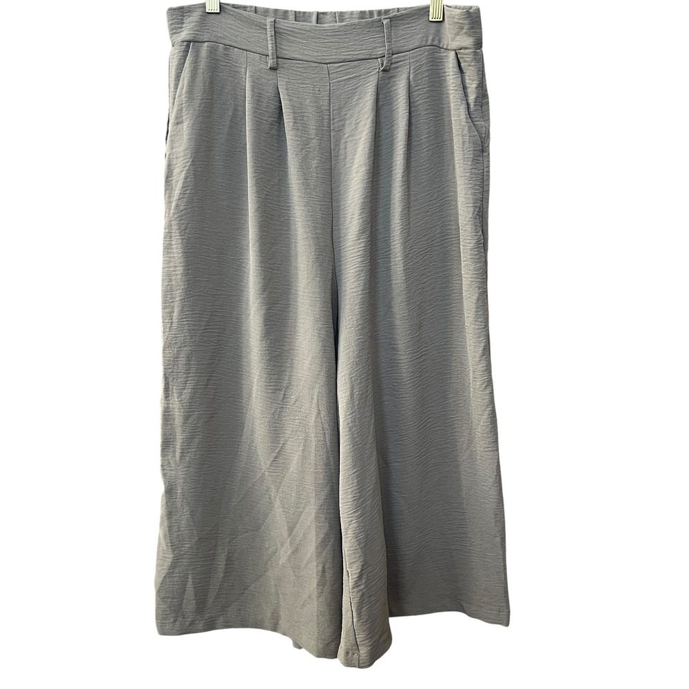 Womens Khaki Wide Leg Crinkle Pleated Cropped Pants High Rise Elastic Backki